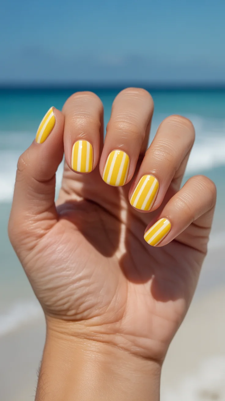 summer short nail inspo 2026 Yellow and White Stripes with Beachy Clean Lines