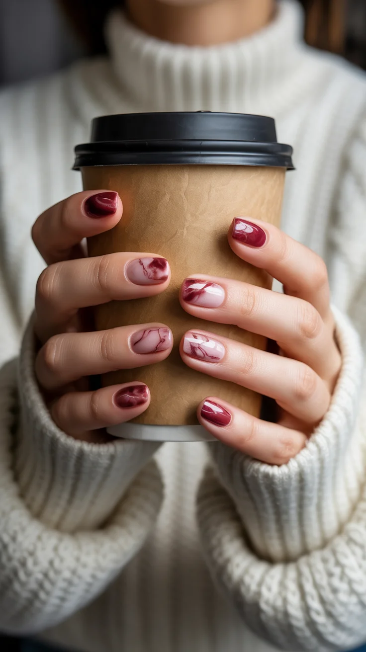 summer short nail inspo 2026 Soft Burgundy Marble for Slow Summer Mornings