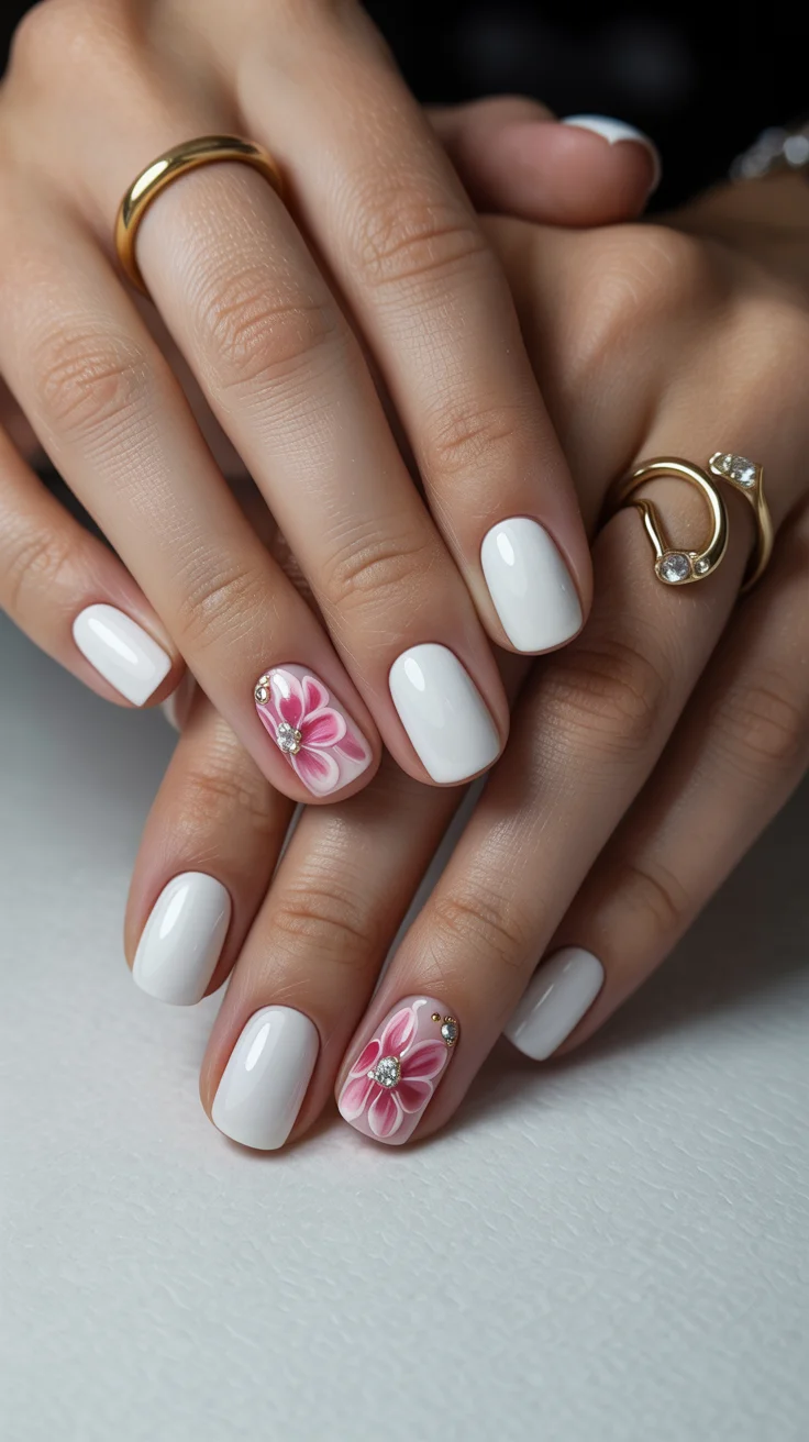 summer short nail inspo 2026 Soft White Base with Pink Floral Embellishment