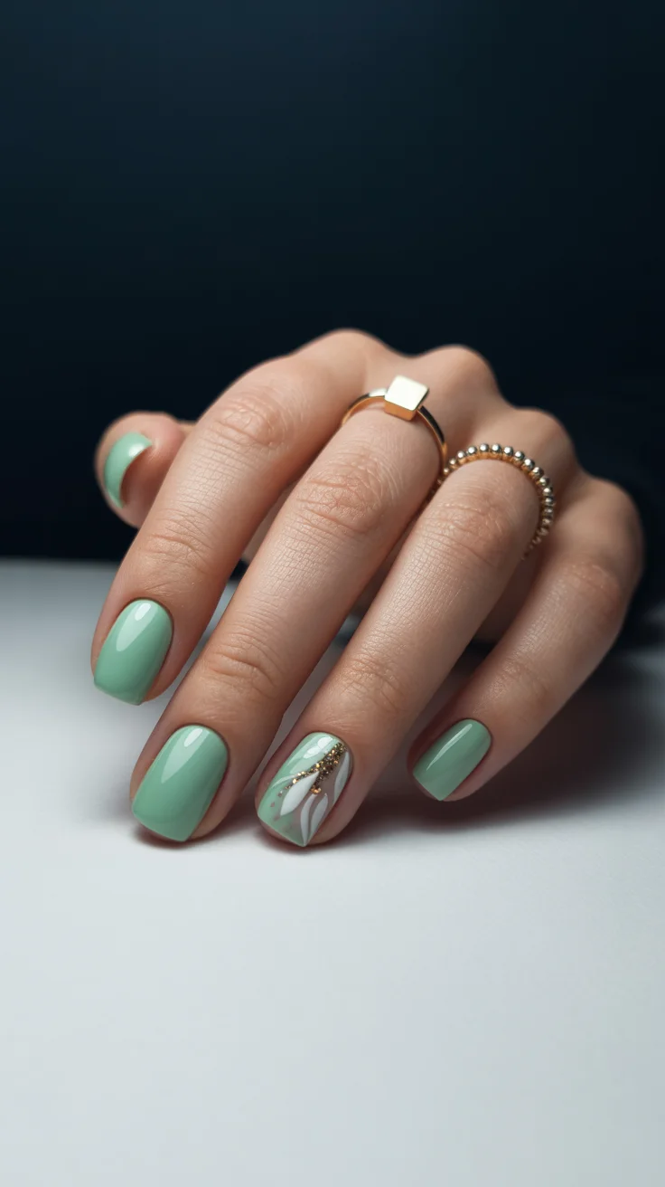 summer short nail inspo 2026 Fresh Mint Minimalism with Gold Accent Flow