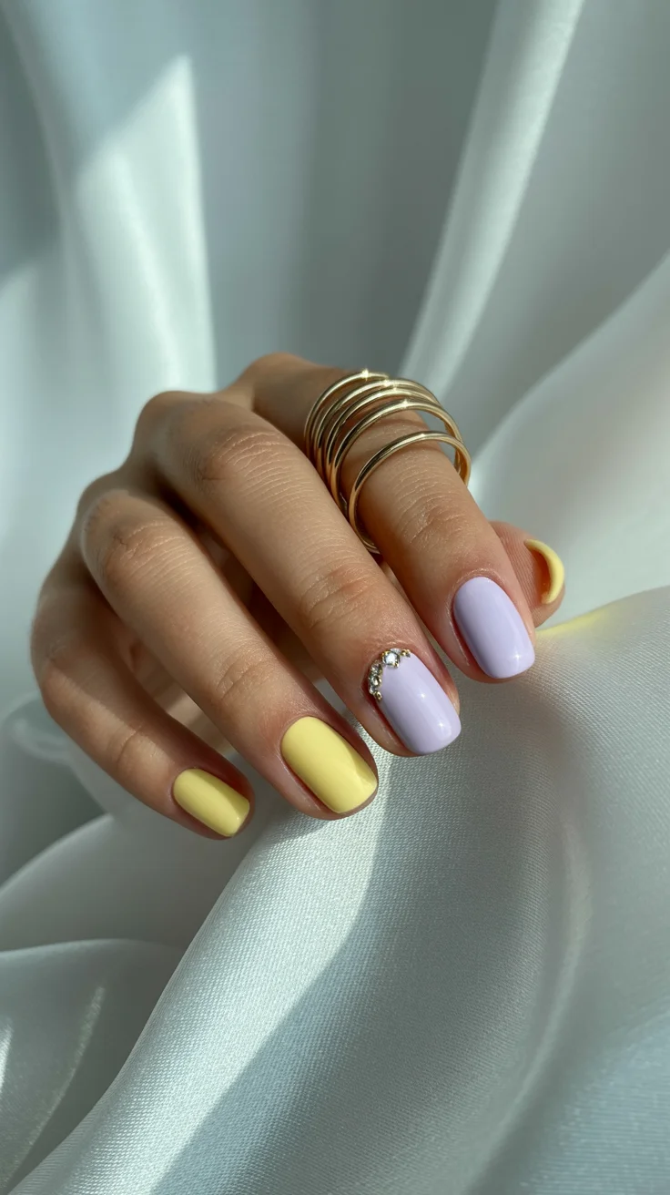 summer short nail inspo 2026 Pastel Color Block with Crystal Accent