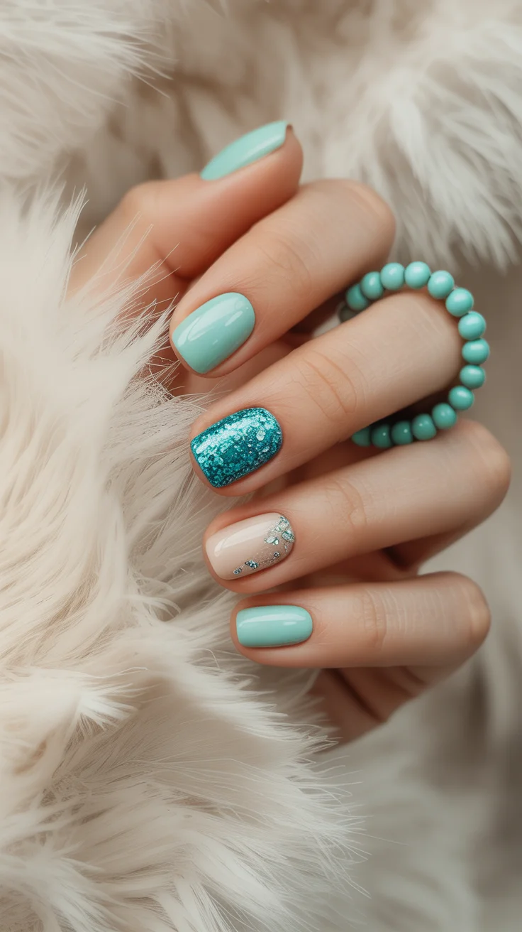 summer short nail inspo 2026 Turquoise Mix with Glitter and Soft Nude Balance