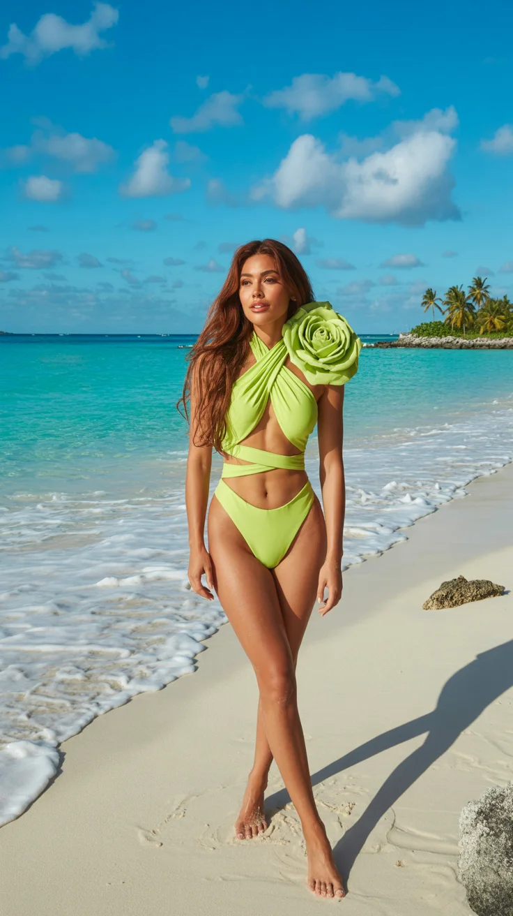 swimsuit for pool party 2026 Bold Lime Statement with Sculptural Detail