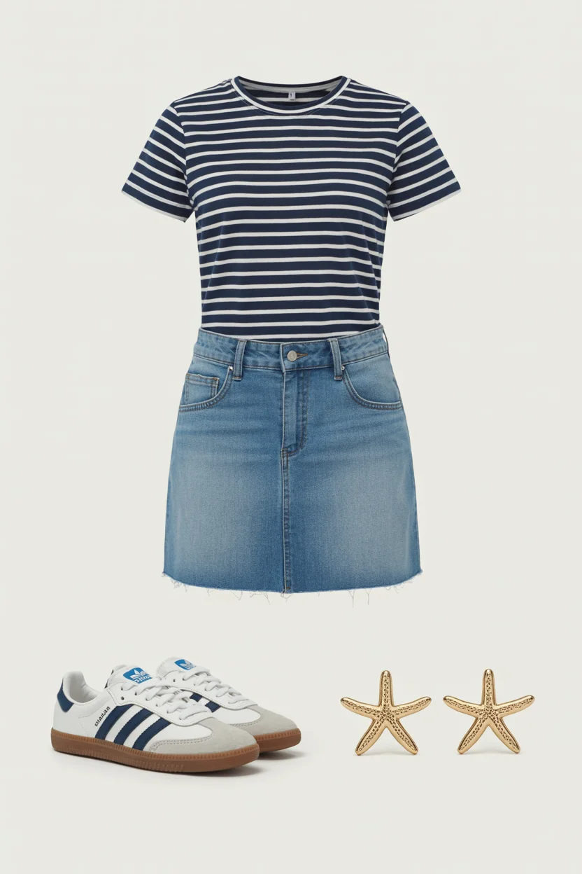 teen girls summer outfits 2026 The striped tee and denim skirt combo that never lets you down
