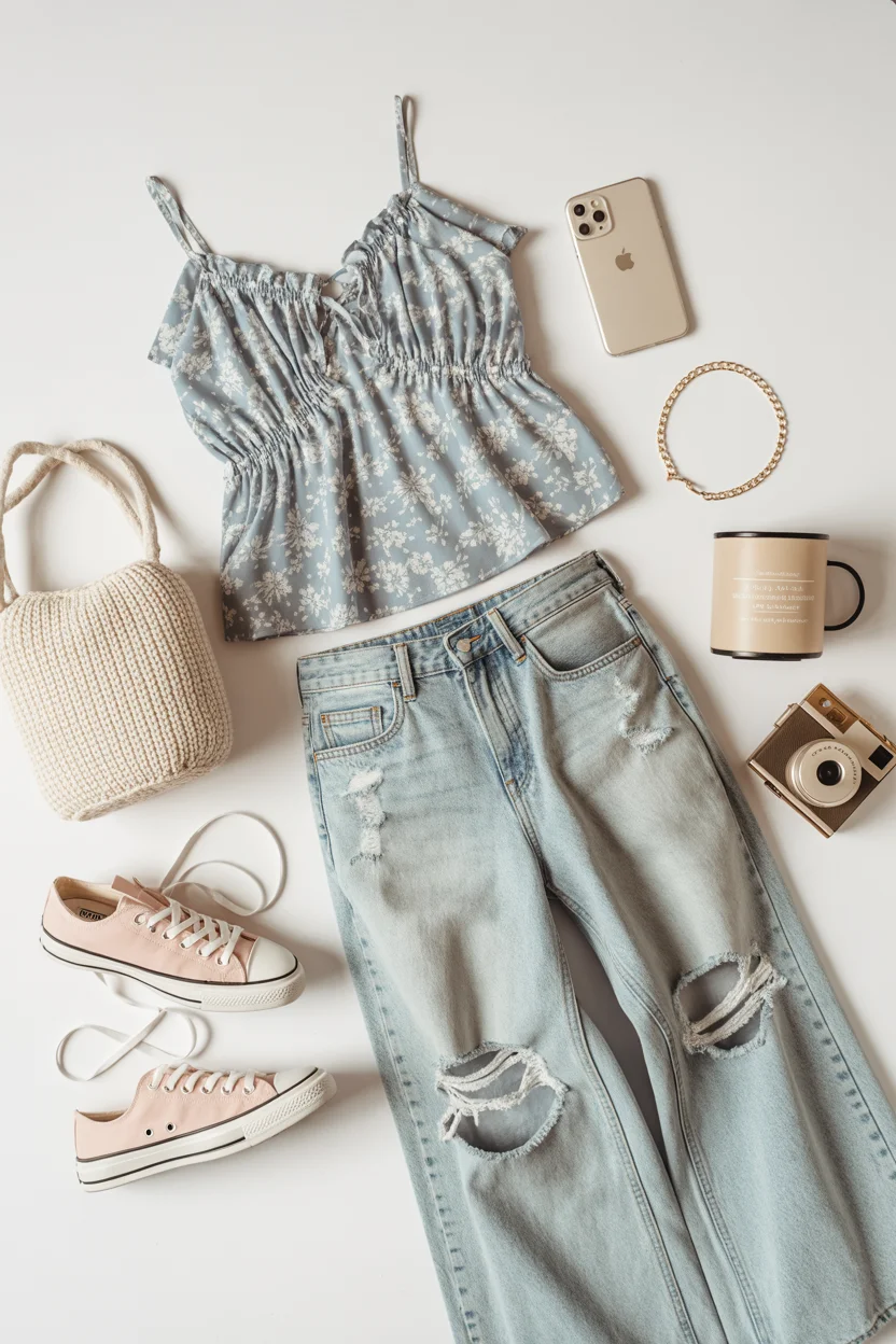 teen girls summer outfits 2026 Soft floral textures and relaxed denim for slow summer days