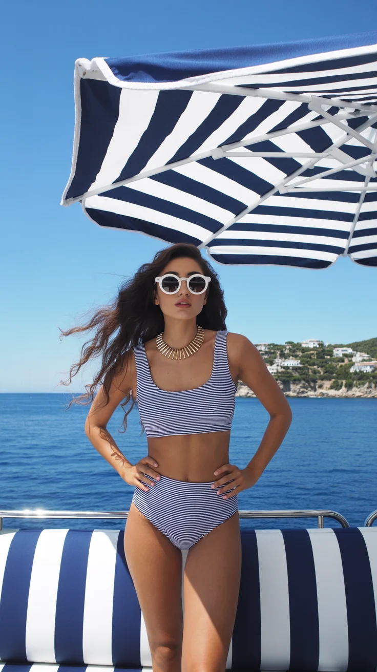 two piece swimsuit trends summer 2026 Modern Riviera Clean Stripes and Statement Accessories