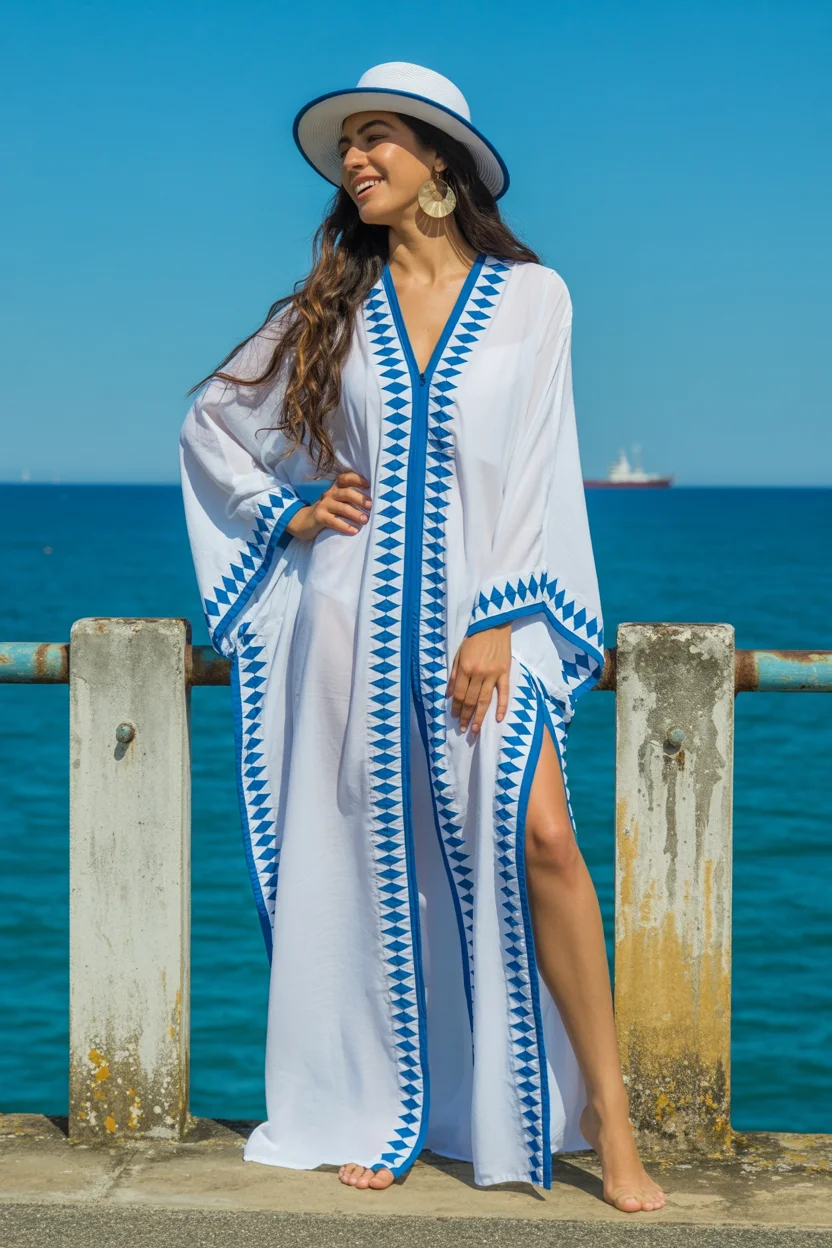beach tunic cover up 2026 Crisp White with Bold Blue Detailing