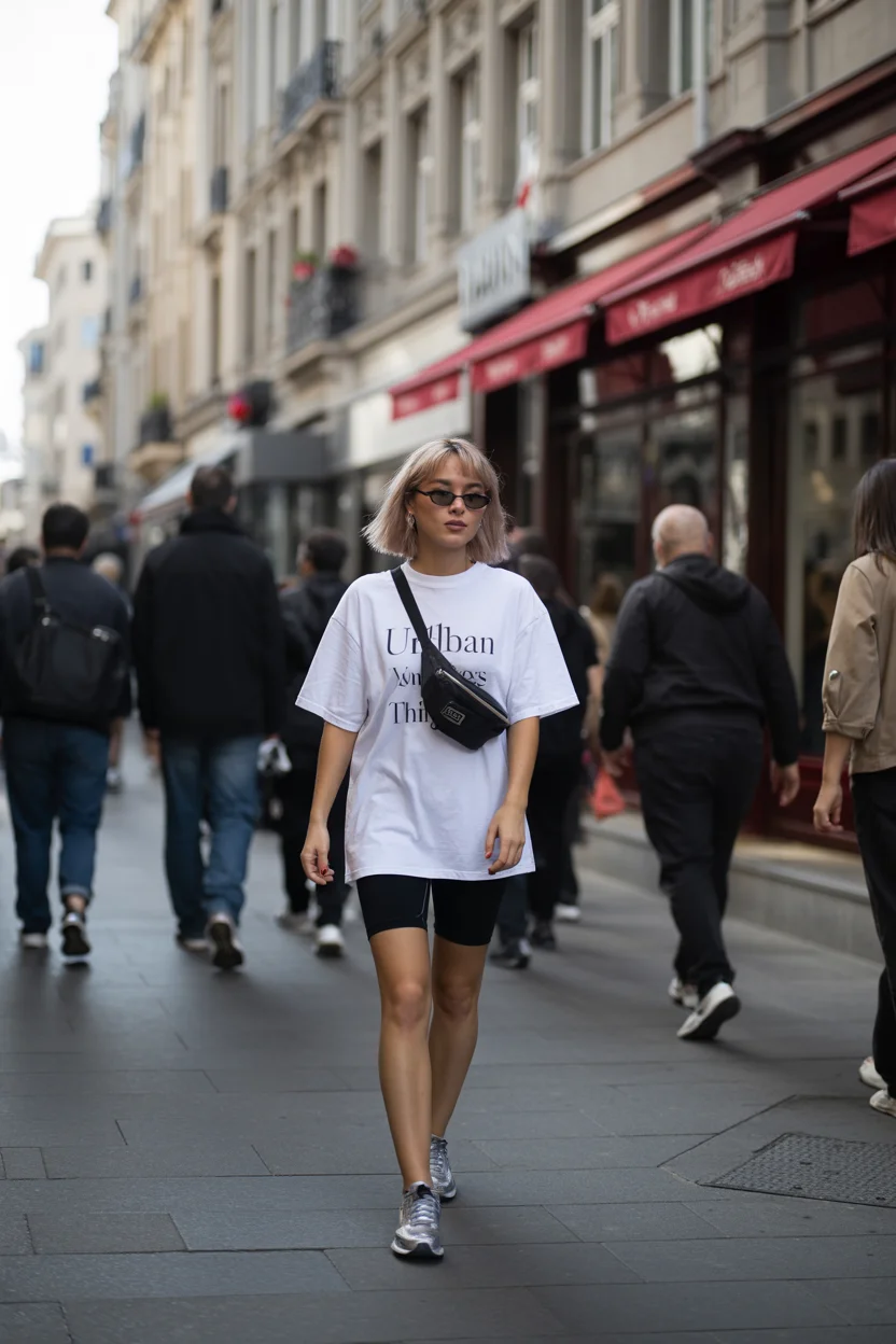 biker shorts outfits summer 2026 Effortless Street Minimalism with an Oversized Tee