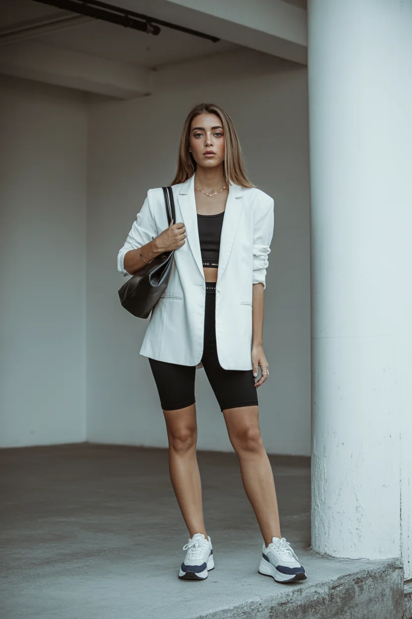 biker shorts outfits summer 2026 Clean Monochrome with a Soft Power Feel