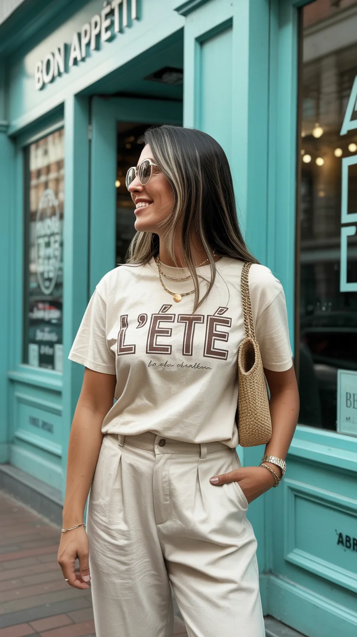 casual summer t-shirt outfit for women 2026 Soft Neutrals and Effortless Parisian Mood