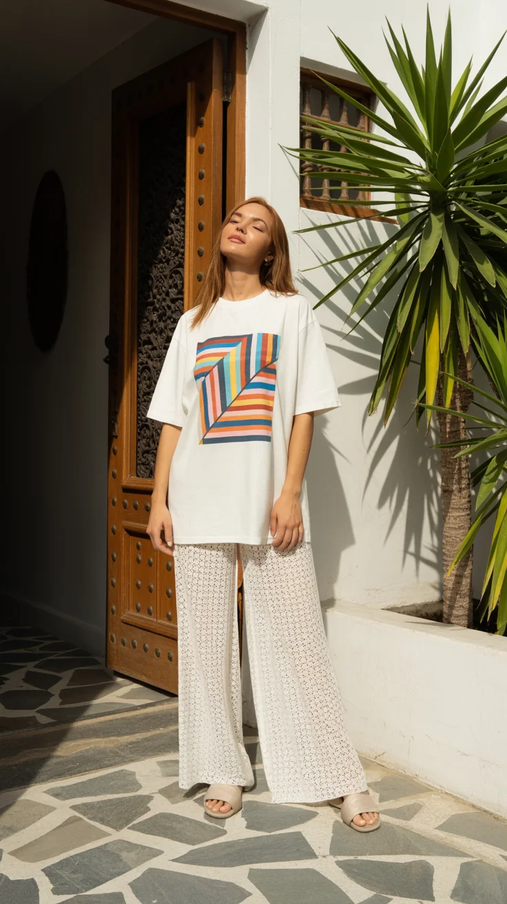 casual summer t-shirt outfit for women 2026 Relaxed Resort Layers with Artistic Touch