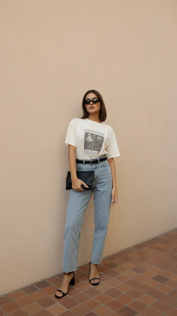 casual summer t-shirt outfit for women 2026 Clean Graphic Tee with Structured Denim Balance