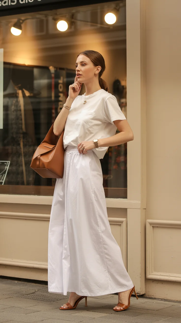 casual summer t-shirt outfit for women 2026 Soft White Tee and Flowing Maxi Skirt Ease
