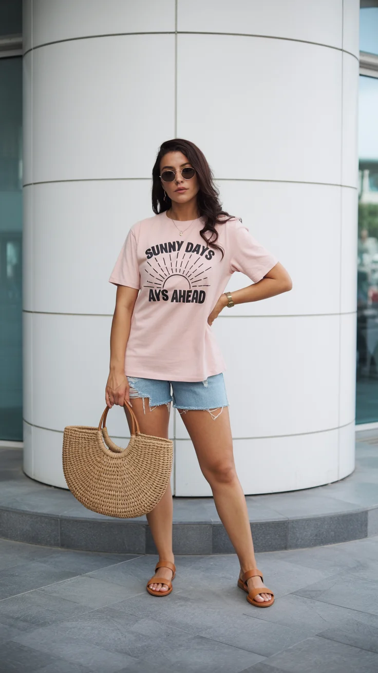 casual summer t-shirt outfit for women 2026 Graphic Tee Confidence with Denim Cutoffs