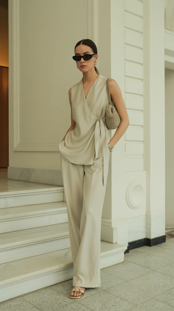 chic summer work outfits 2026 Fluid Neutrals with a Modern Wrap Silhouette