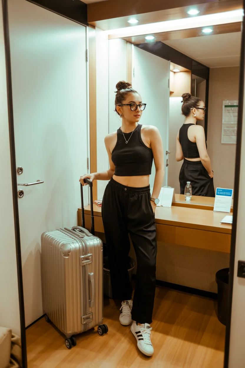 comfy airport outfits summer 2026 Minimal Black Set That Feels Like Control