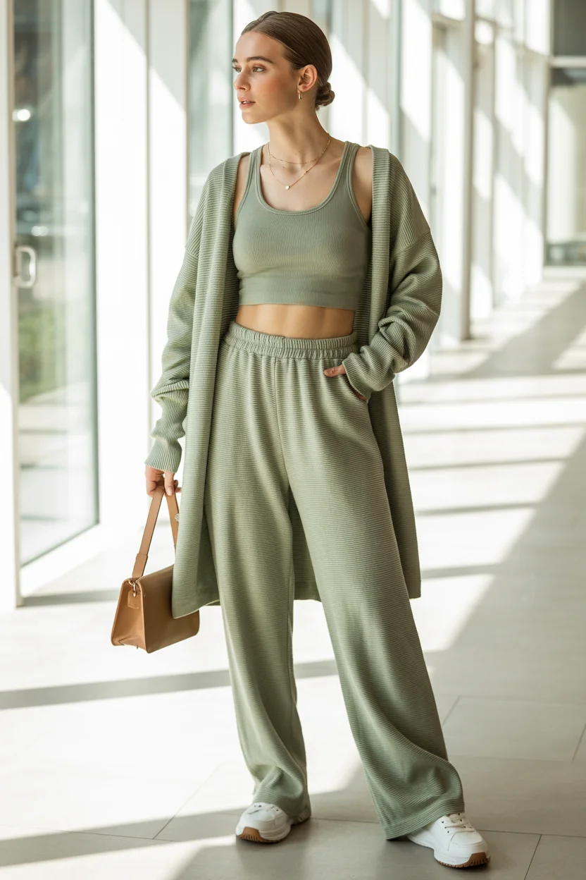 comfy airport outfits summer 2026 Soft Sage Knit Sets That Feel Like Quiet Luxury