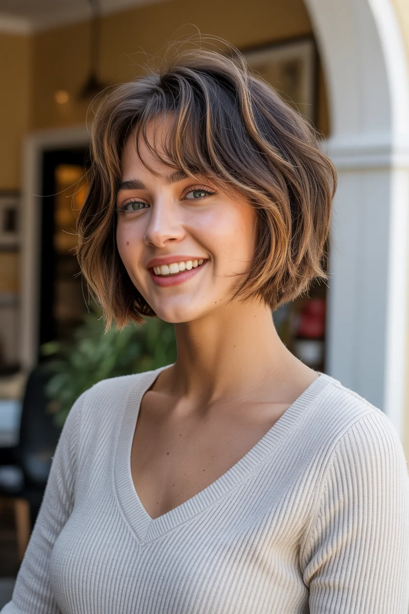 cute summer bixie haircut 2026 Soft Brunette Bixie with Wispy Fringe and Natural Volume