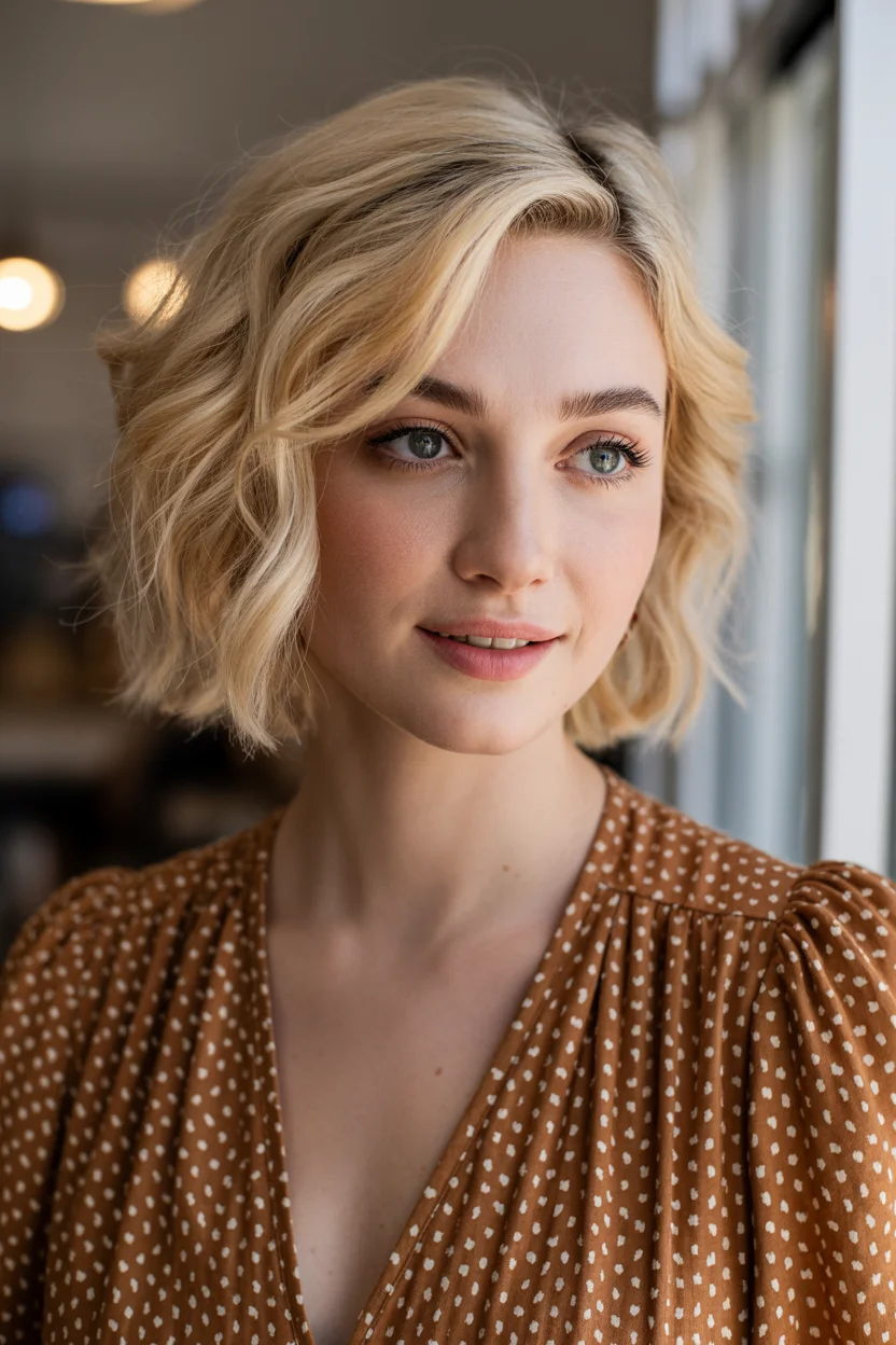 cute summer bixie haircut 2026 Soft Blonde Wavy Bixie with Side-Swept Movement