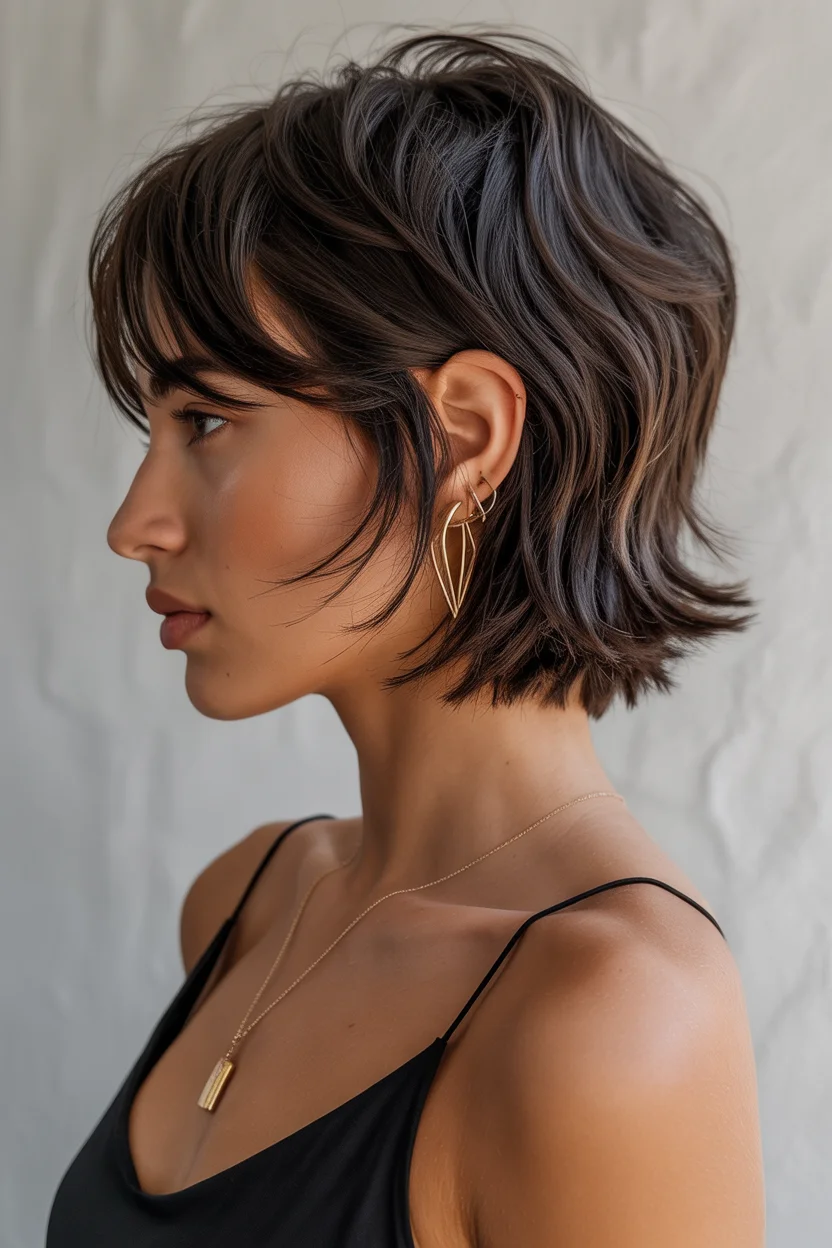 cute summer bixie haircut 2026 Edgy Dark Bixie with Piecey Layers and Micro Texture