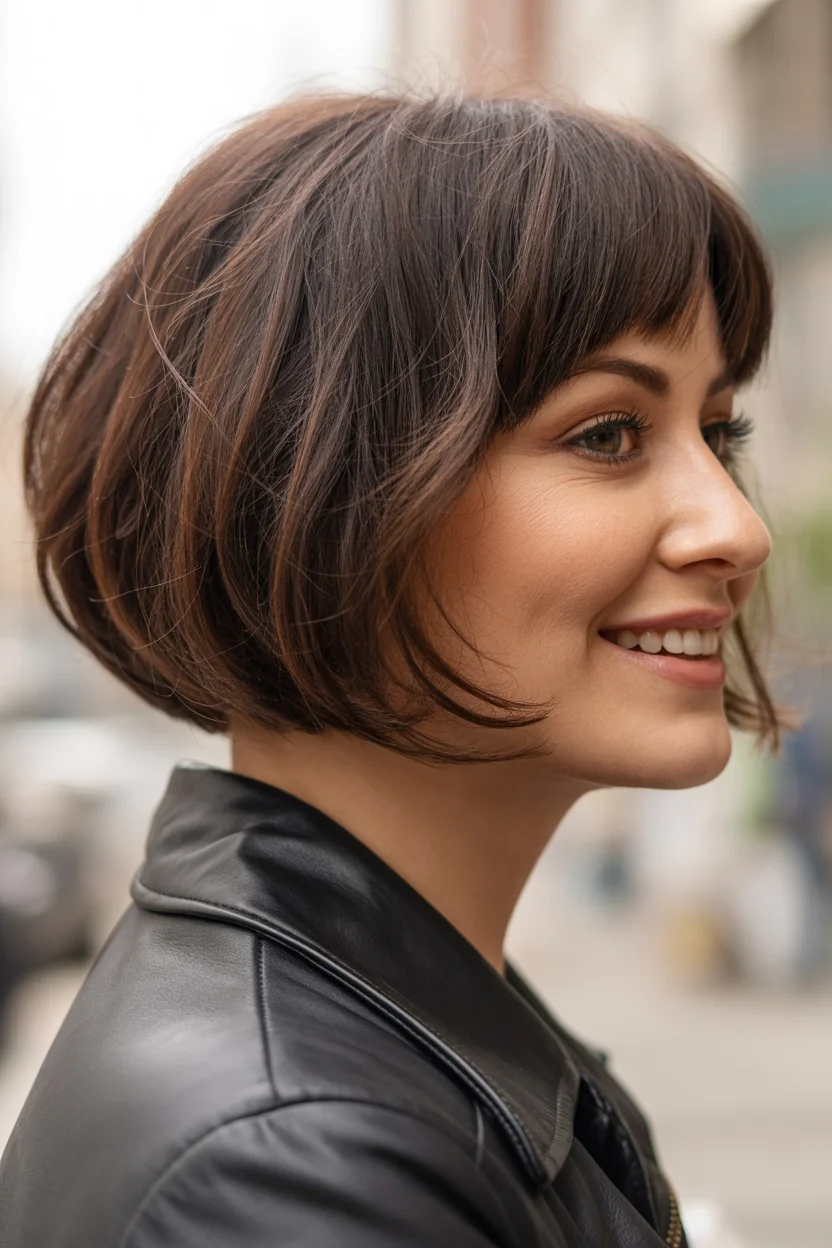 cute summer bixie haircut 2026 Short Brunette Bixie with Micro Fringe