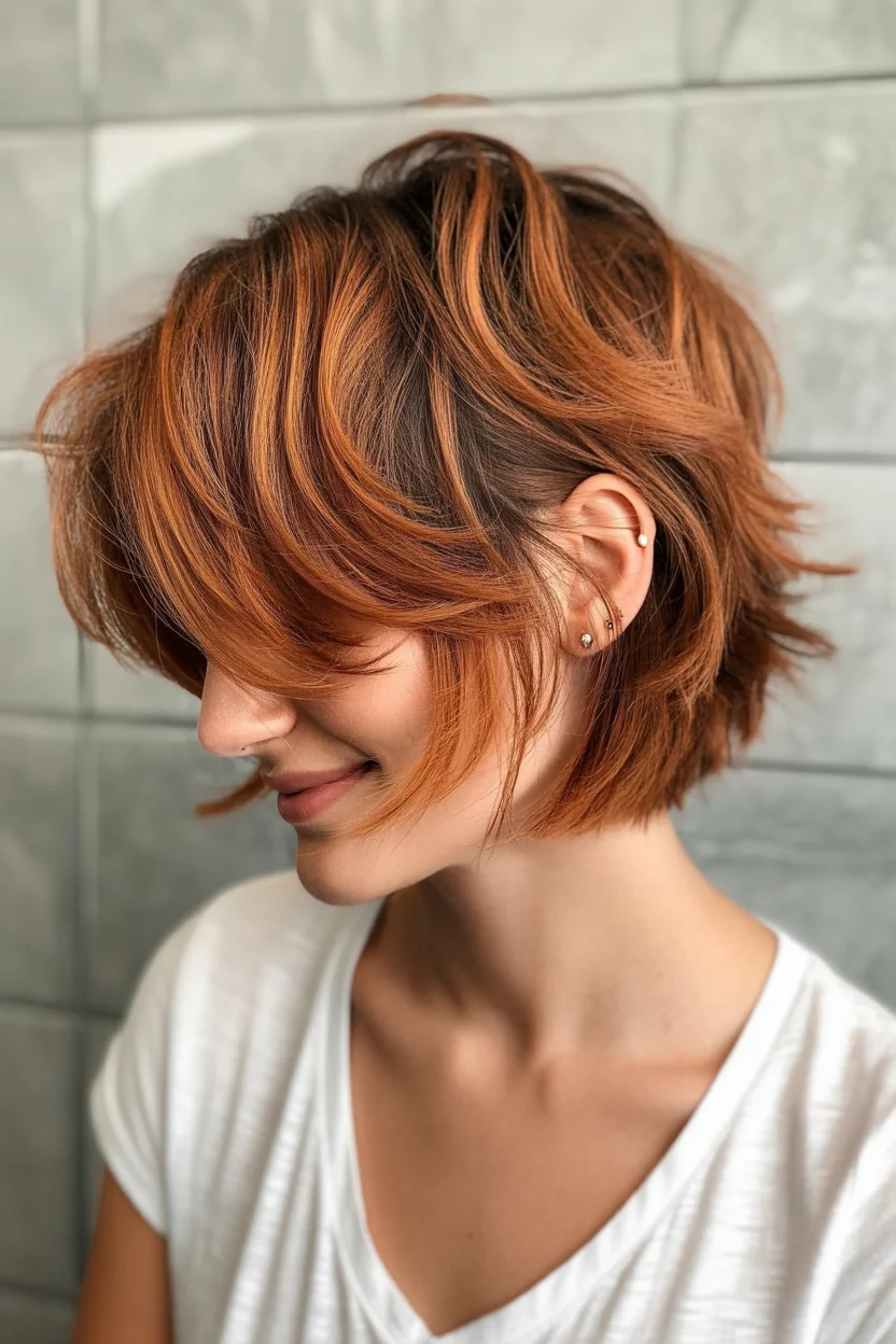 cute summer bixie haircut 2026 Fiery Copper Bixie with Tousled Layers