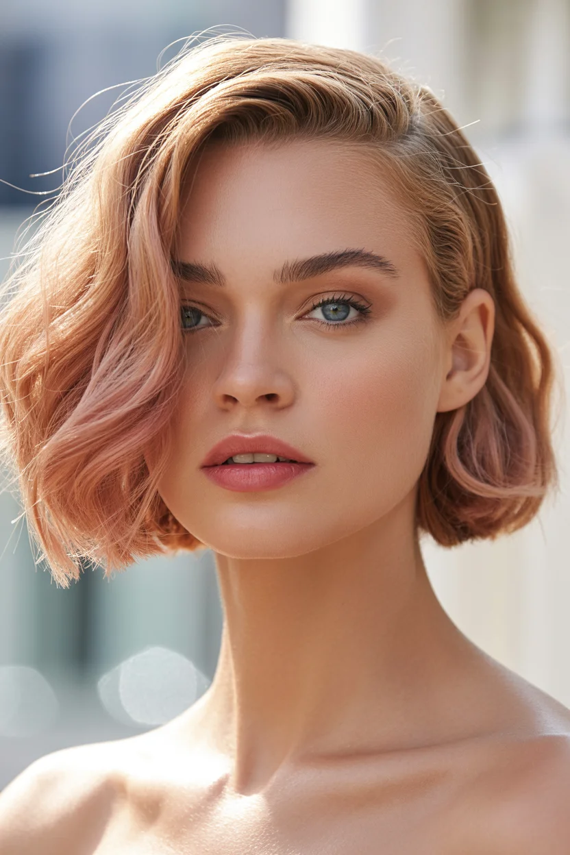 cute summer short haircuts 2026 Peachy Rose Wavy Bob with Soft Glow