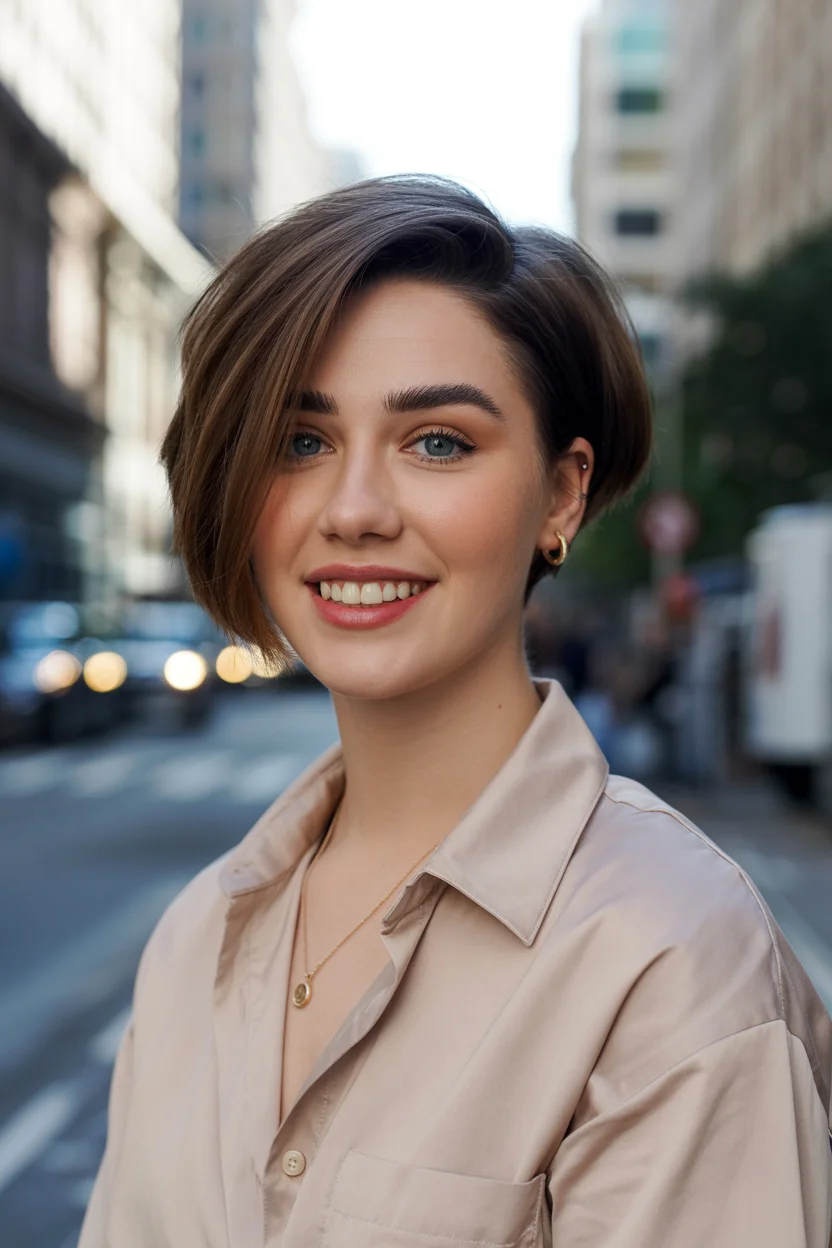 cute summer short haircuts 2026 Sleek Side-Swept Brunette Bob with Polished Shape