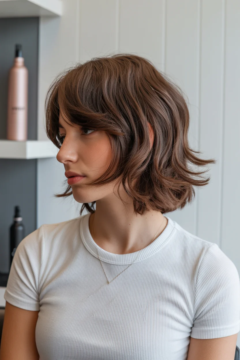 cute summer short haircuts 2026 Feathered Brunette Bob with Light Flicked Ends