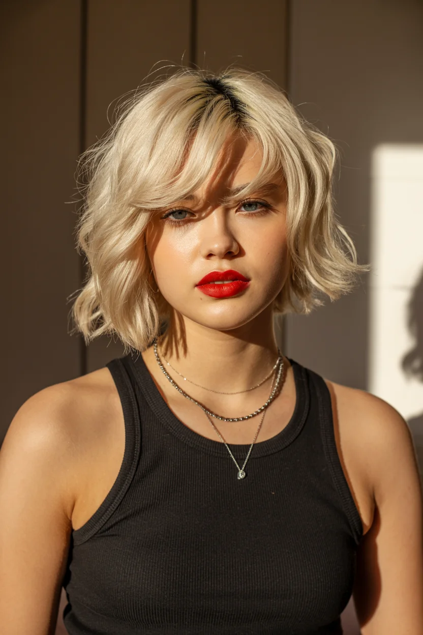 cute summer short haircuts 2026 Choppy Platinum Bob with Bold Fringe Attitude