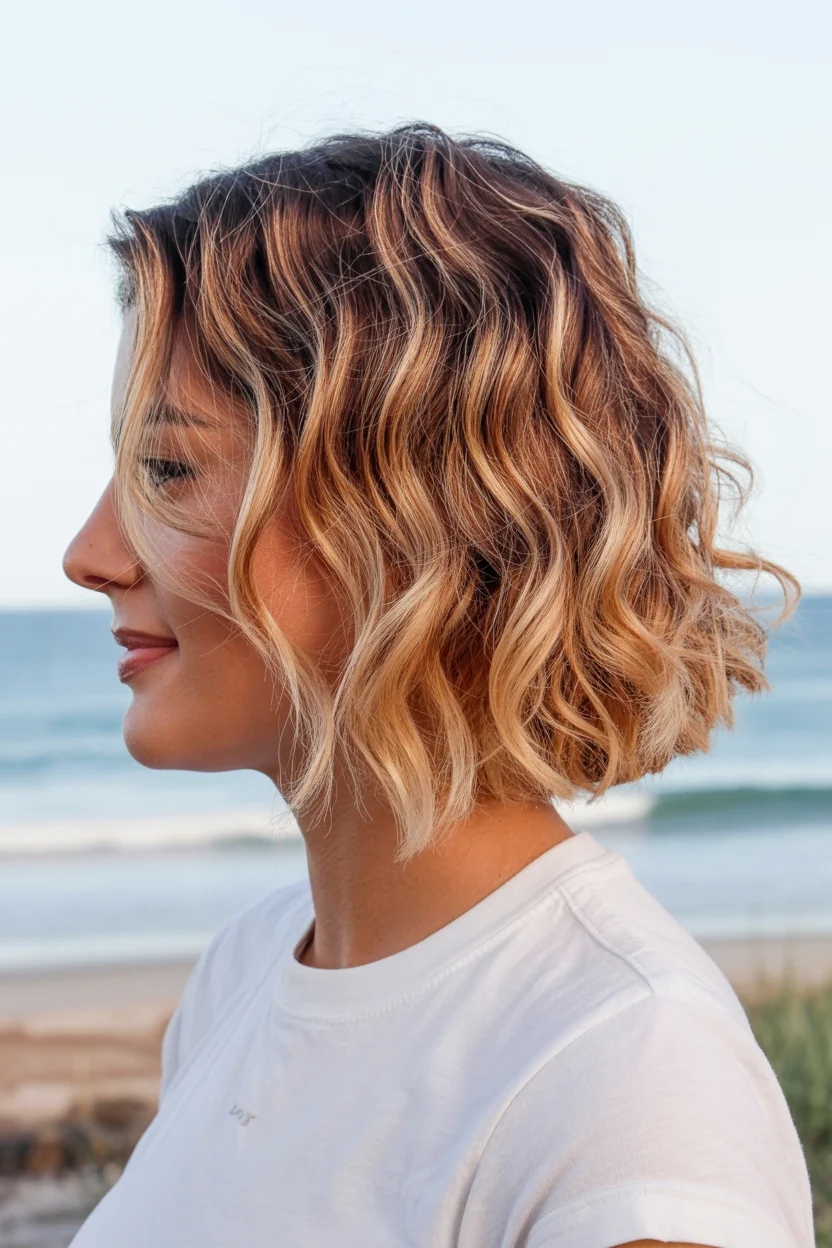cute summer short haircuts 2026 Beachy Highlighted Bob with Soft Waves