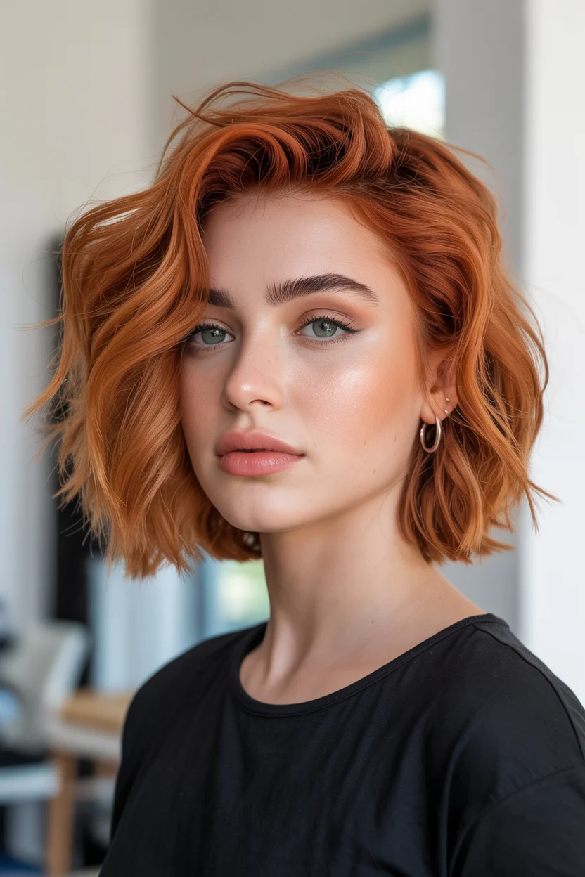cute summer short haircuts 2026 Vibrant Copper Wavy Bob with Personality