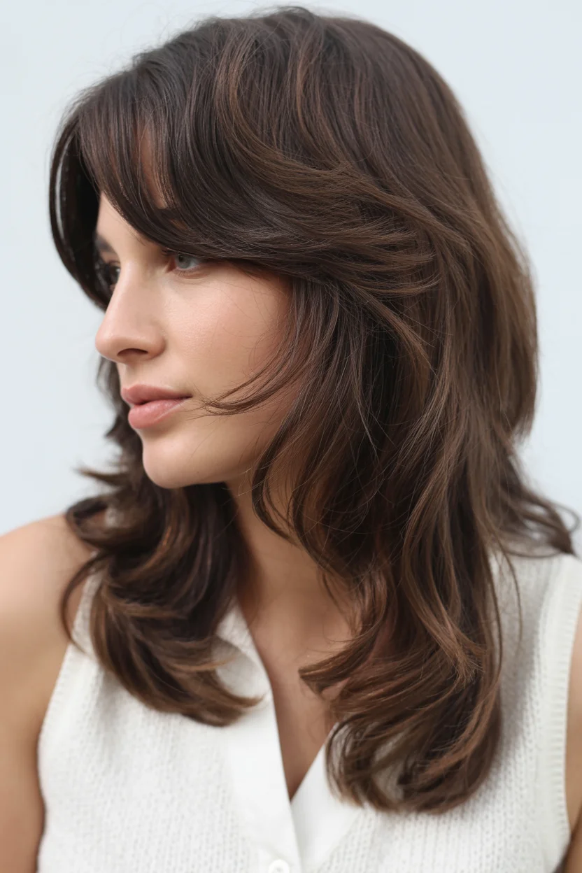 edgy summer wolf cut 2026 Glossy Mid-Length Wolf with Soft Curtain Bangs
