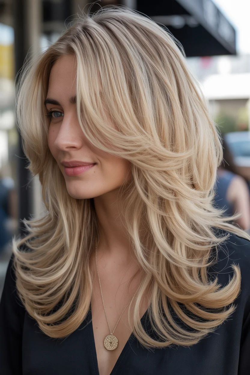 face framing summer butterfly haircut 2026 Bright Vanilla Blonde with Airy Lifted Layers