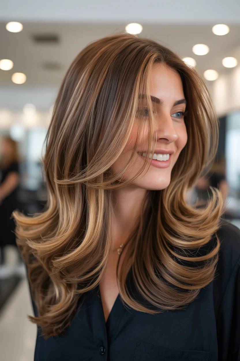 face framing summer butterfly haircut 2026 Golden Brunette Butterfly with Radiant Face-Framing Highlights