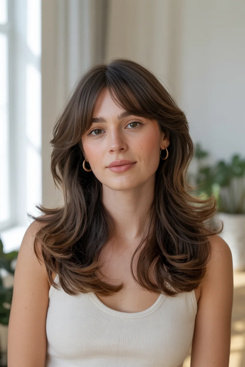 face framing summer butterfly haircut 2026 Soft Brunette Butterfly with Relaxed Curtain Bangs