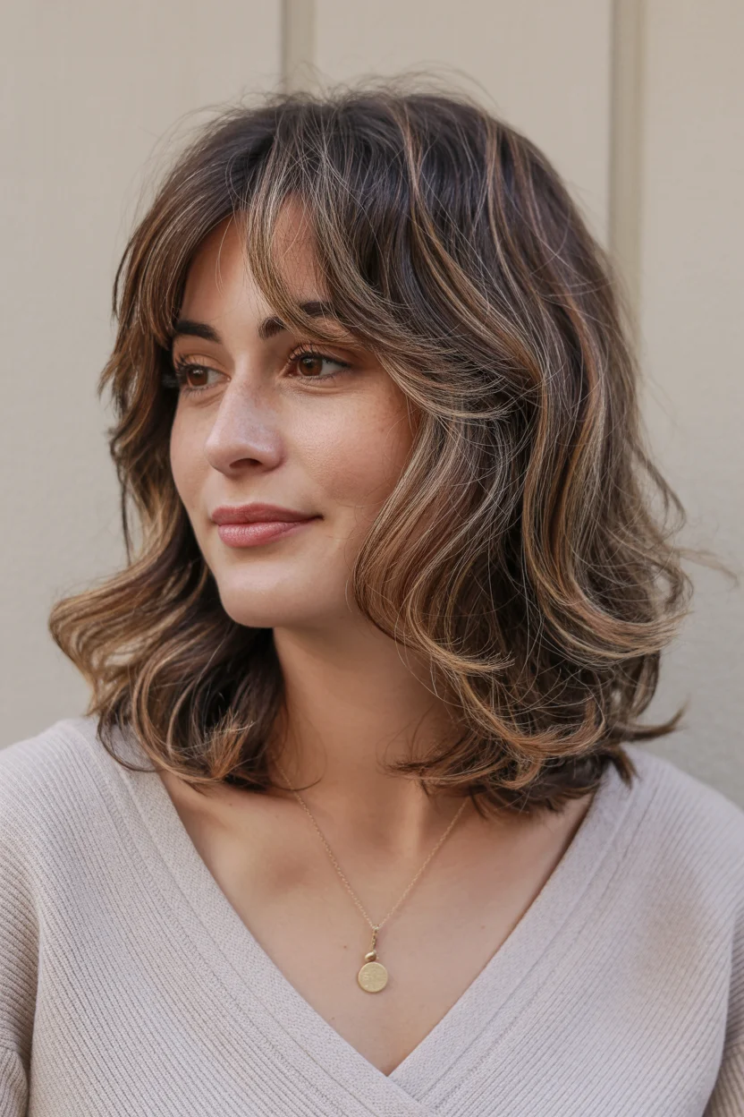 face framing summer butterfly haircut 2026 Mid-Length Textured Butterfly with Lived-In Waves