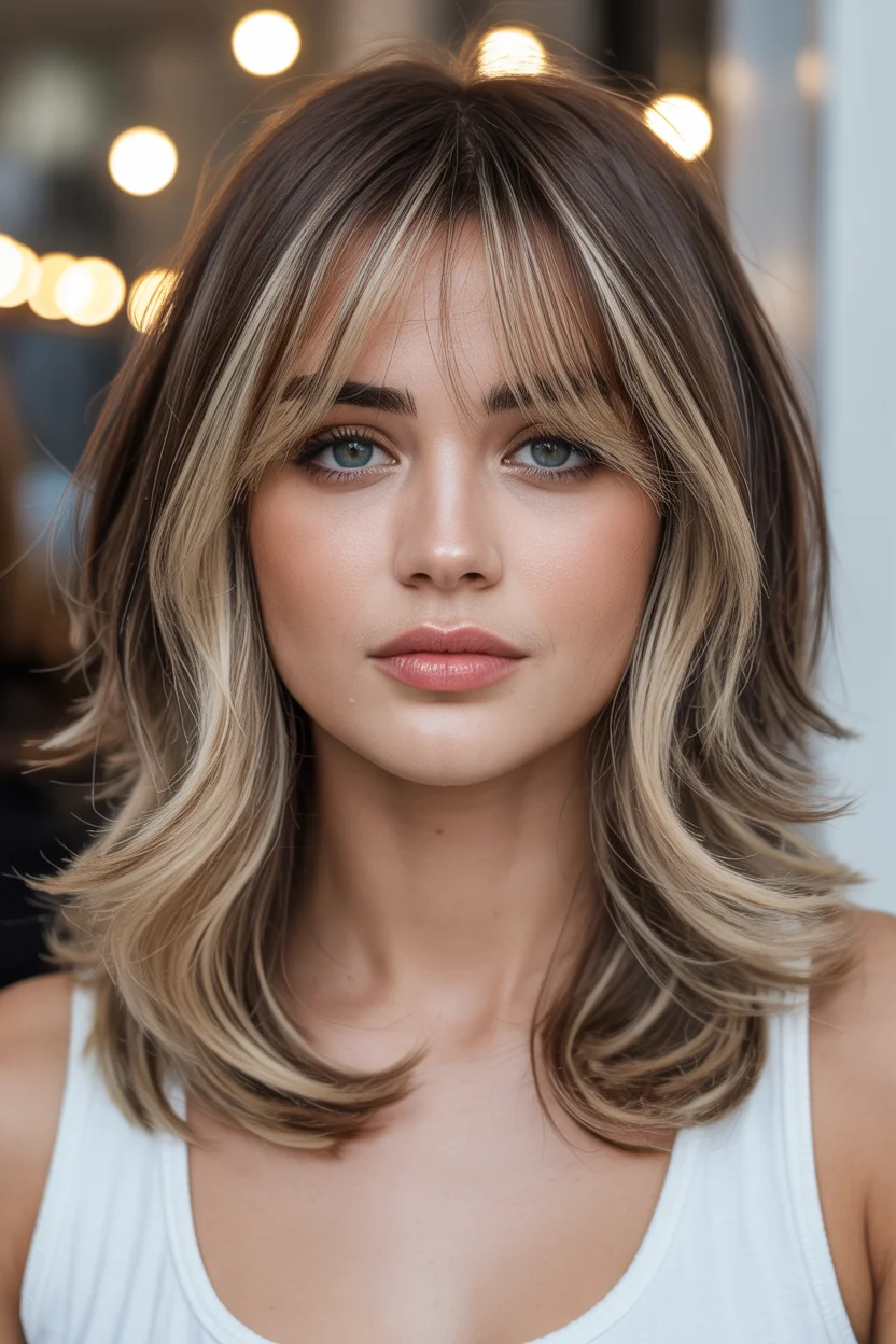 face framing summer butterfly haircut 2026 Dimensional Brunette with Airy Curtain Bangs