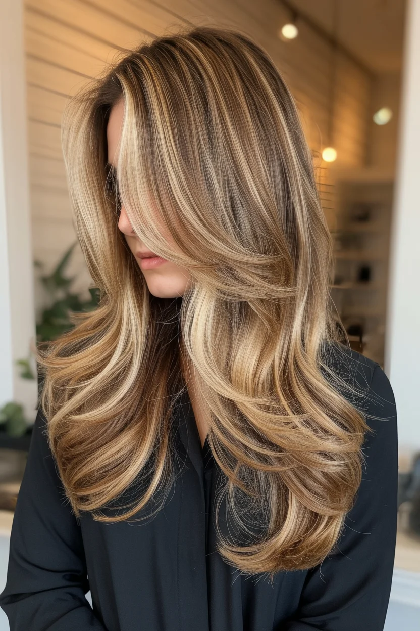 face framing summer butterfly haircut 2026 Golden Caramel Butterfly Layers with Full-Bodied Movement
