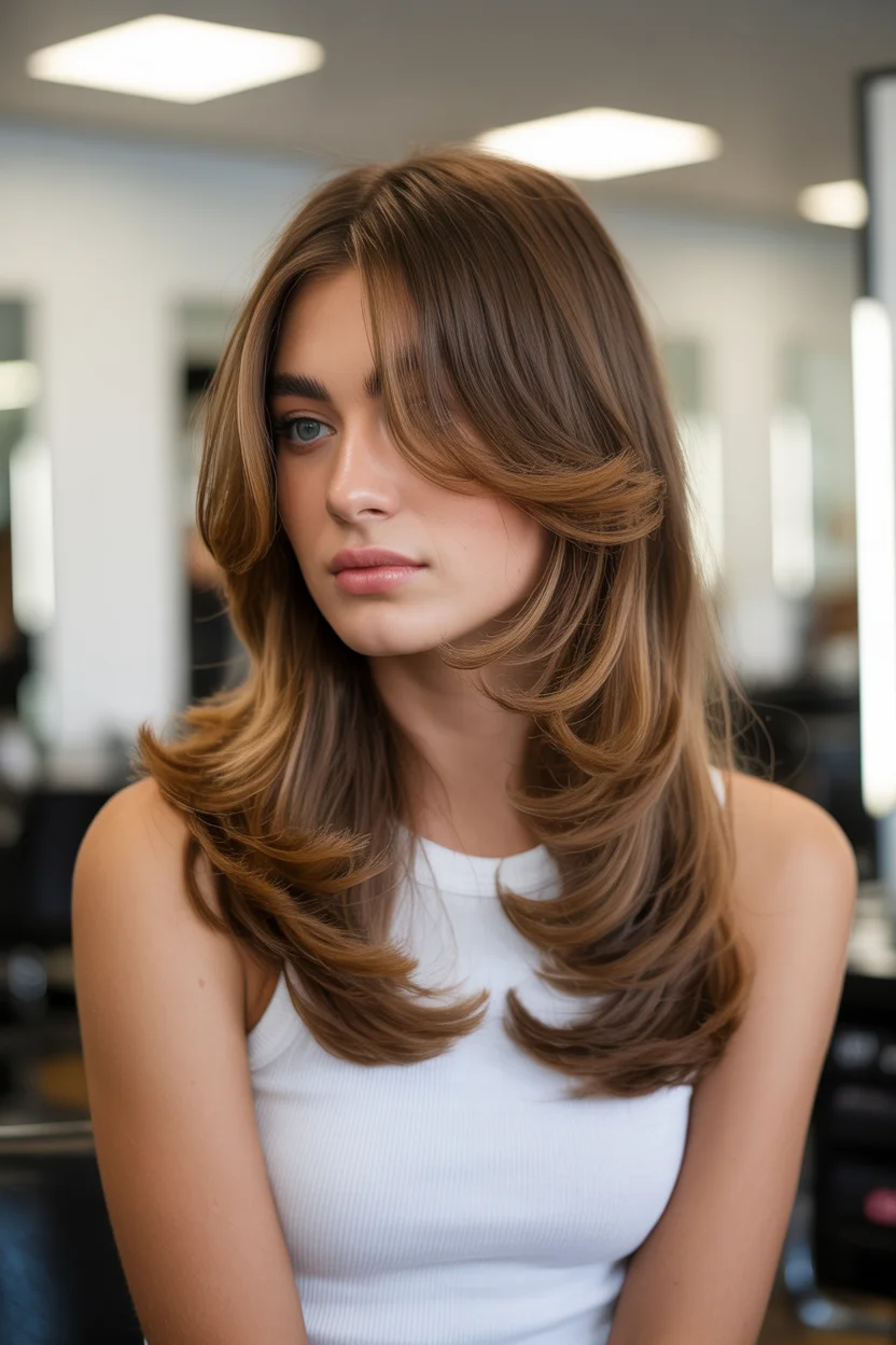 face framing summer butterfly haircut 2026 Warm Brunette Butterfly Layers with Face-Framing Flow