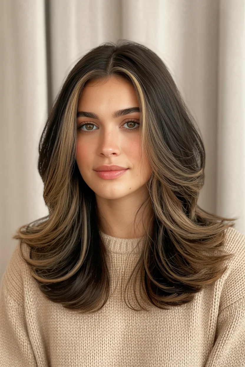 face framing summer butterfly haircut 2026 Glossy Espresso Layers with Subtle Money Piece