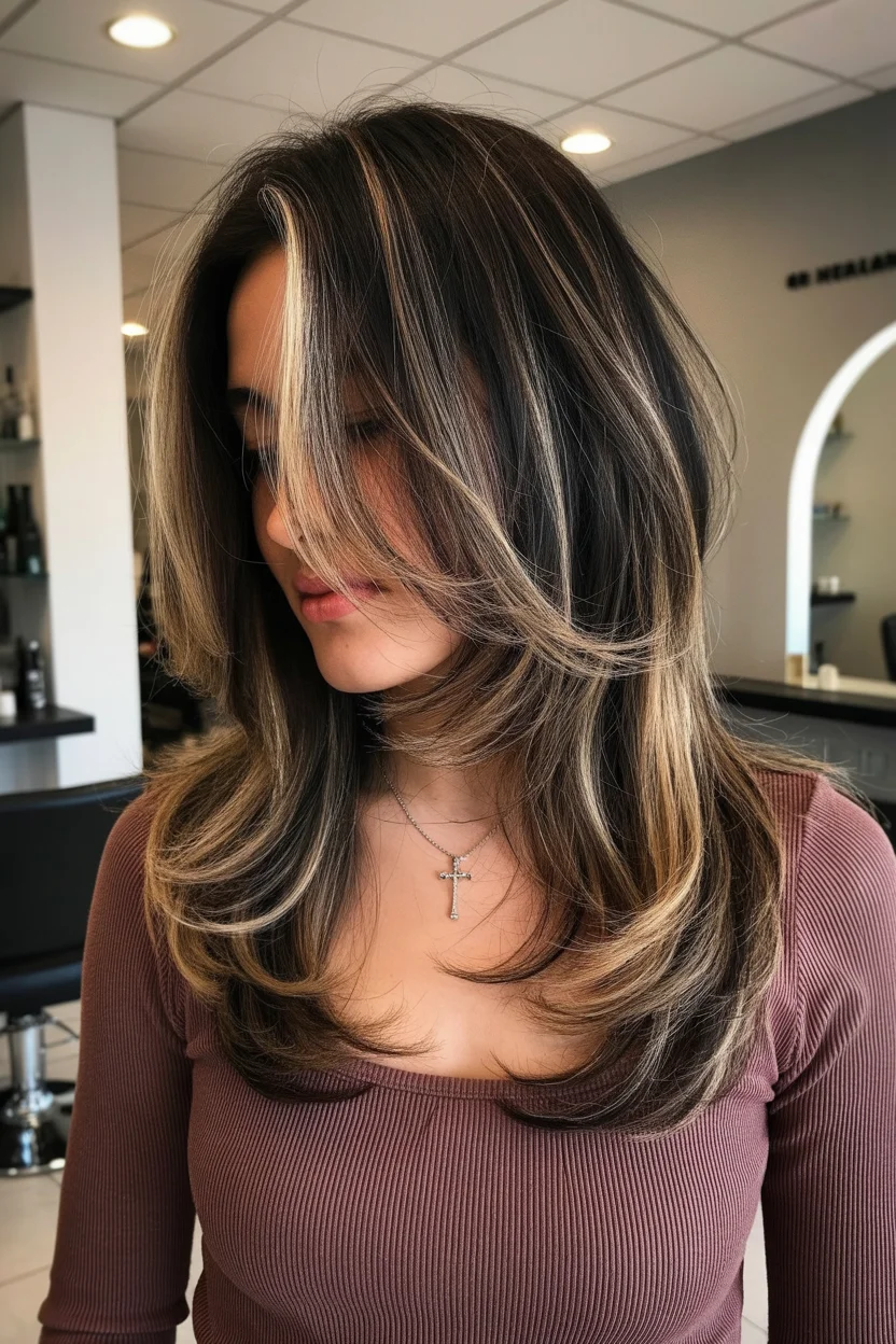 face framing summer butterfly haircut 2026 Layered Brunette with Soft Balayage Depth
