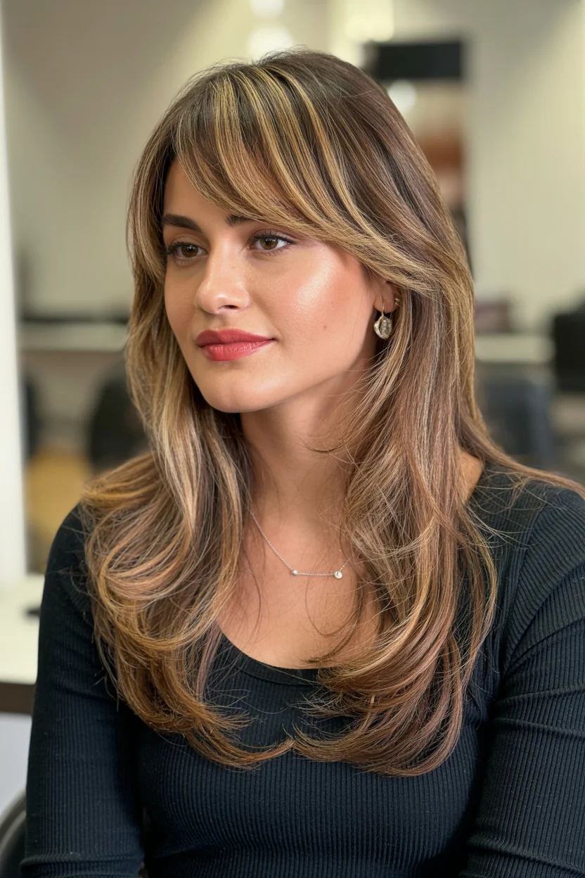 face-framing summer haircuts with bangs 2026 Layered Brunette Blowout with Floating Curtain Bangs