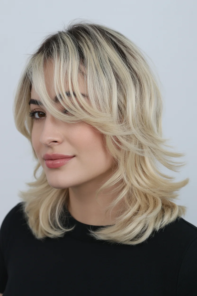 face-framing summer haircuts with bangs 2026 Feathered Blonde Shag with Retro Fringe Lift