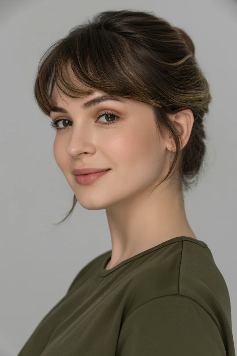 face-framing summer haircuts with bangs 2026 Soft Updo with Wispy Face-Framing Bangs