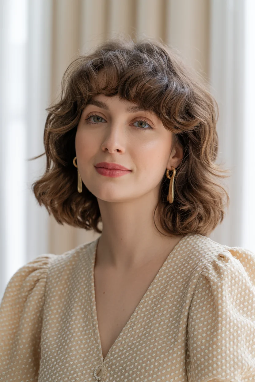 face-framing summer haircuts with bangs 2026 Curly Shag Bob with Soft Rounded Fringe