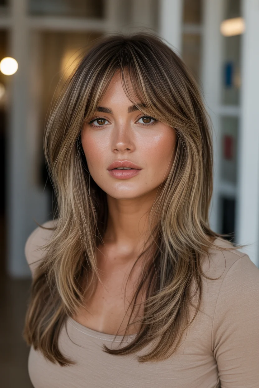 face-framing summer haircuts with bangs 2026 Neutral Balayage Layers with Feathered Bangs