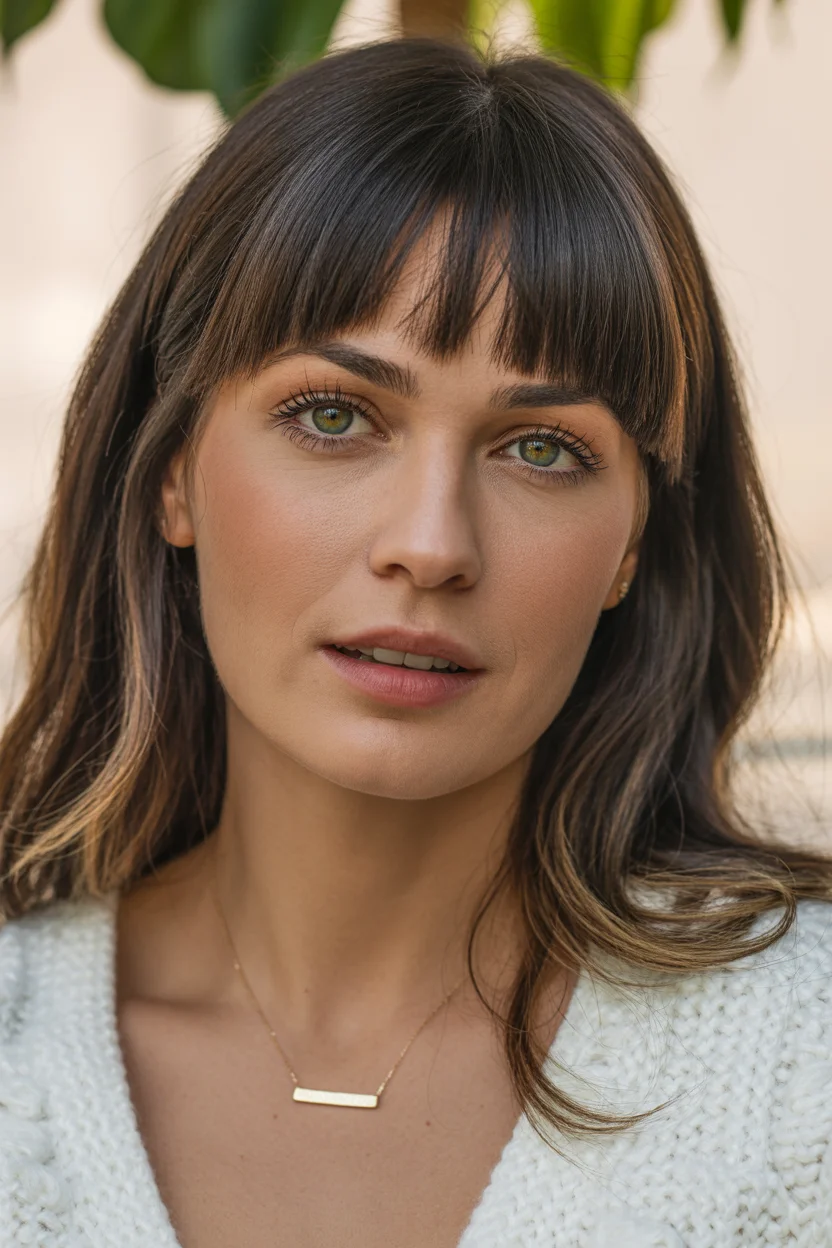 face-framing summer haircuts with bangs 2026 Soft Brunette Layers with Wispy Brow-Grazing Bangs