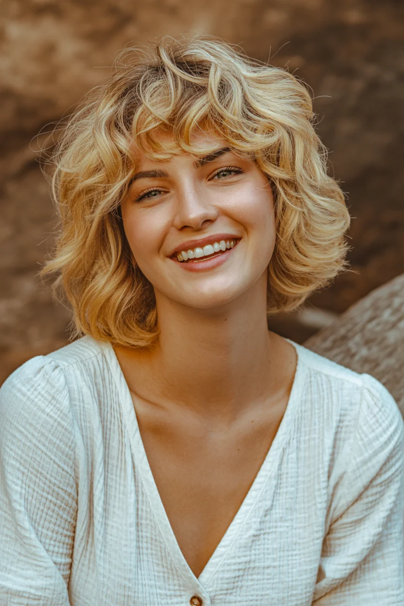 face-framing summer haircuts with bangs 2026 Playful Curly Shag with Soft Fringe Movement