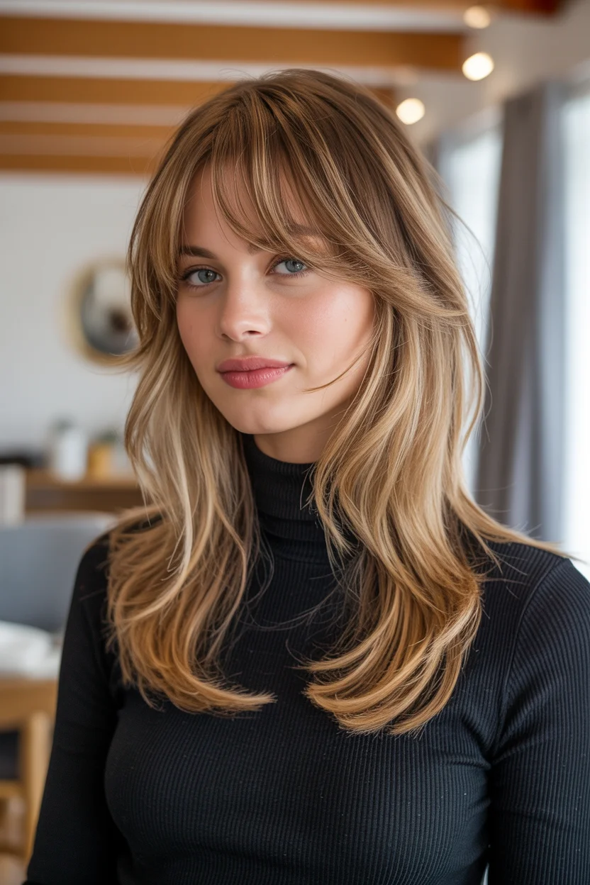 face-framing summer haircuts with bangs 2026 Warm Honey Layers with Light Feathered Bangs